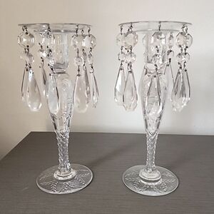 set of 2 vintage glass candle holders with bobeches, clear, glass, 10" tall